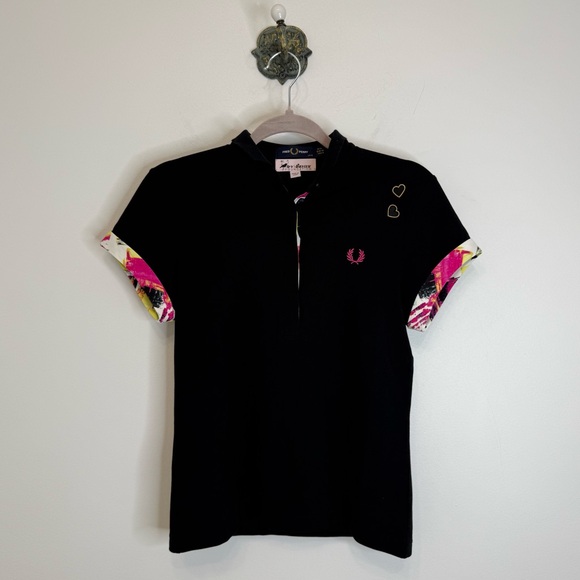 Fred Perry x Amy Winehouse Foundation Black Multi Trim Polo Shirt Women US Sz 4 - Picture 1 of 11